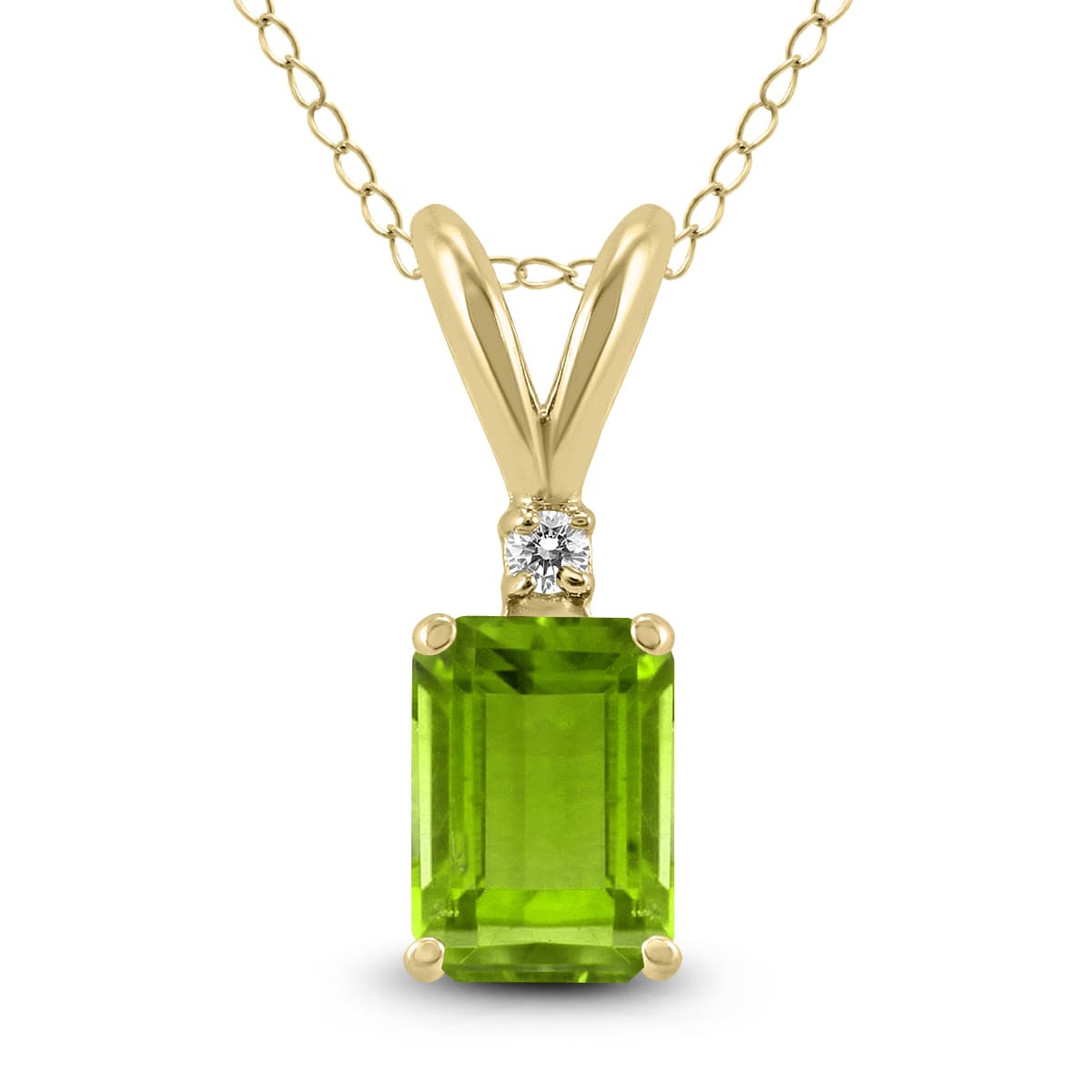 14K Yellow Gold 6x4MM Emerald Shaped Peridot and Diamond Pendant