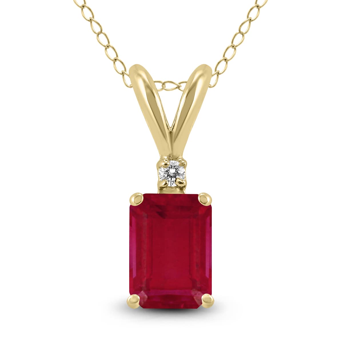 14K Yellow Gold 6x4MM Emerald Shaped Ruby and Diamond Pendant