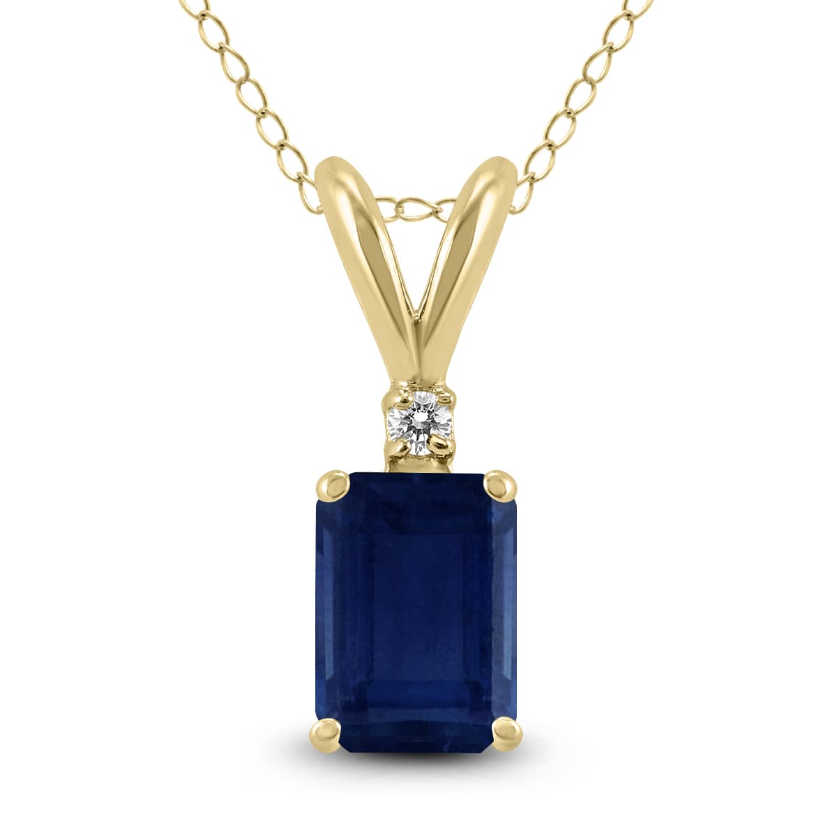 14K Yellow Gold 6x4MM Emerald Shaped Sapphire and Diamond Pendant
