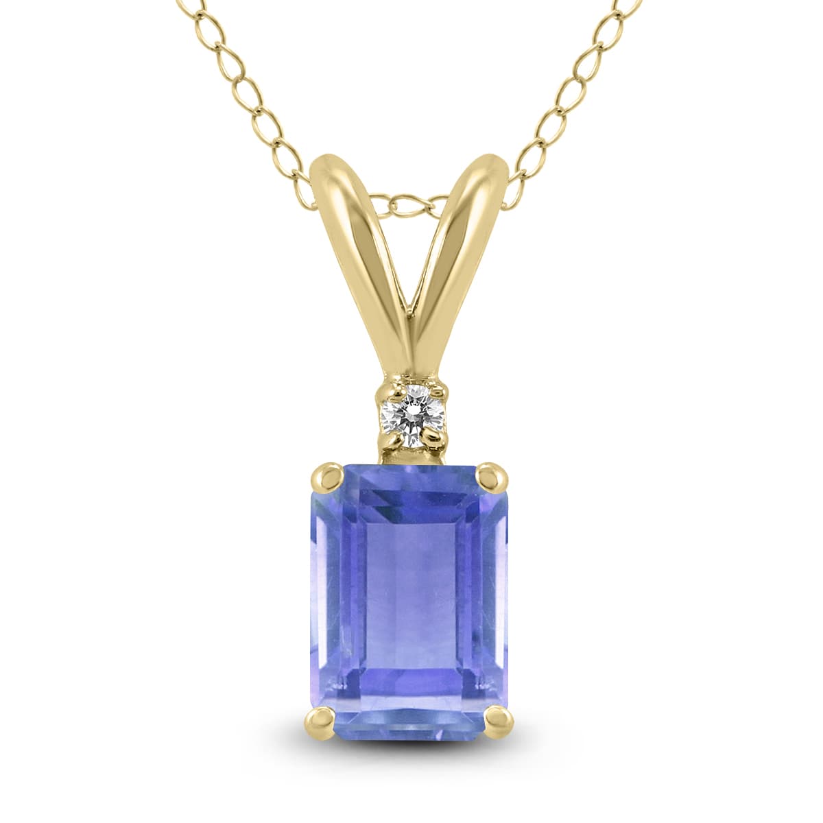 14K Yellow Gold 6x4MM Emerald Shaped Tanzanite and Diamond Pendant