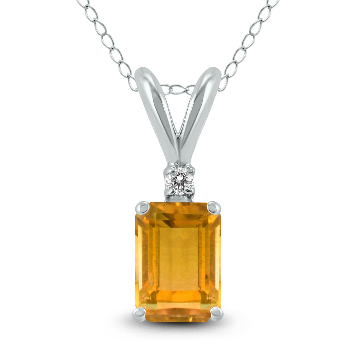 14K White Gold 7x5MM Emerald Shaped Citrine and Diamond Pendant