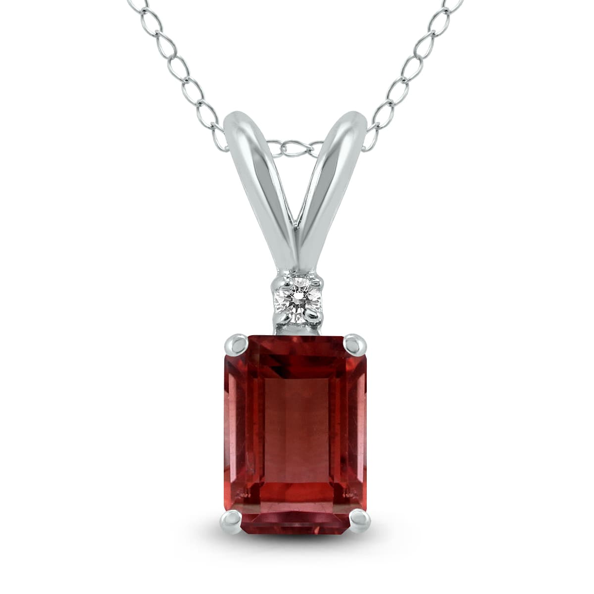 14K White Gold 7x5MM Emerald Shaped Garnet and Diamond Pendant