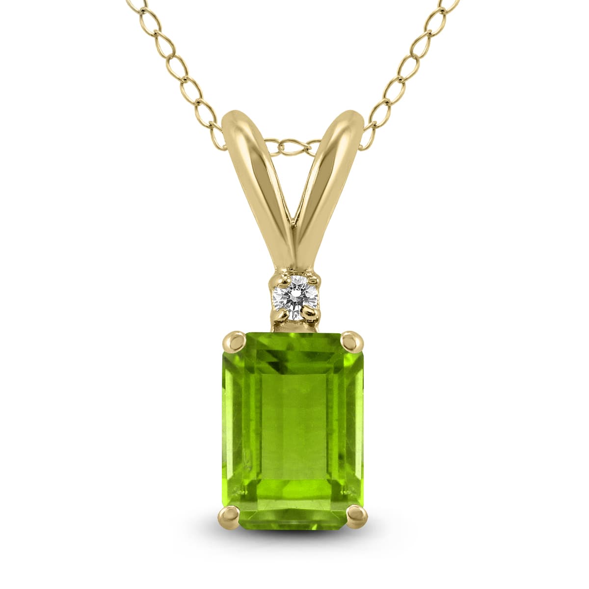 14K Yellow Gold 7x5MM Emerald Shaped Peridot and Diamond Pendant