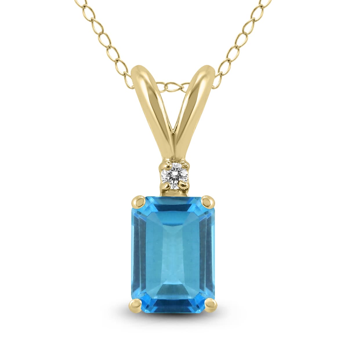 14K Yellow Gold 8x6MM Emerald Shaped Blue Topaz and Diamond Pendant