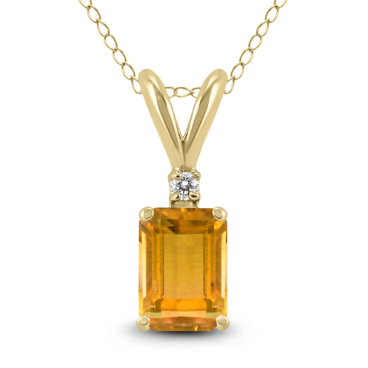 14K Yellow Gold 8x6MM Emerald Shaped Citrine and Diamond Pendant