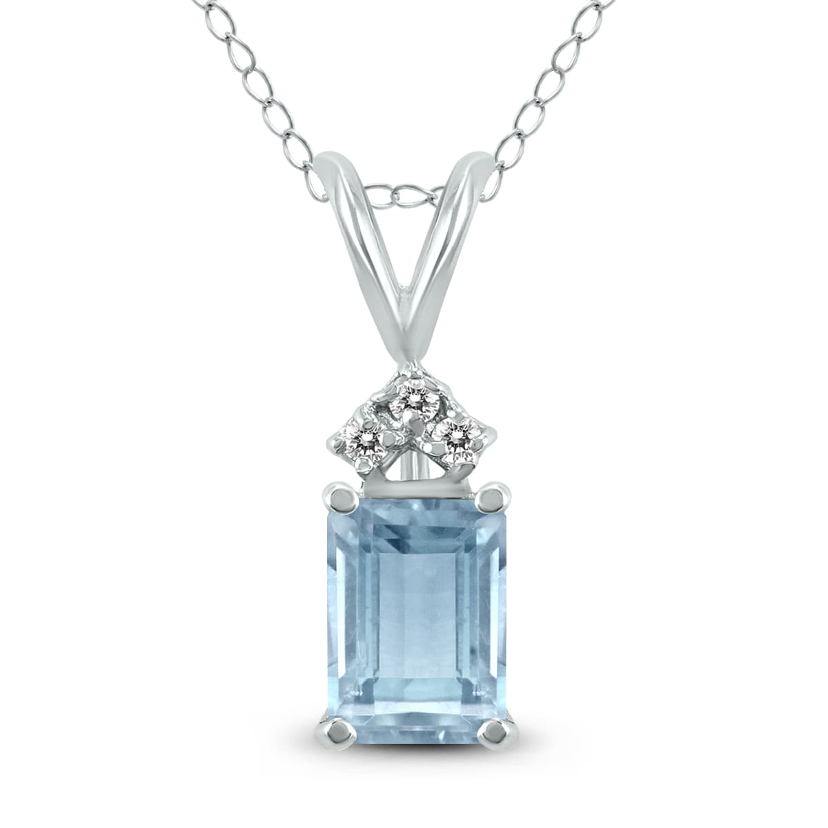 14K White Gold 6x4MM Emerald Shaped Aquamarine and Three Stone Diamond Pendant