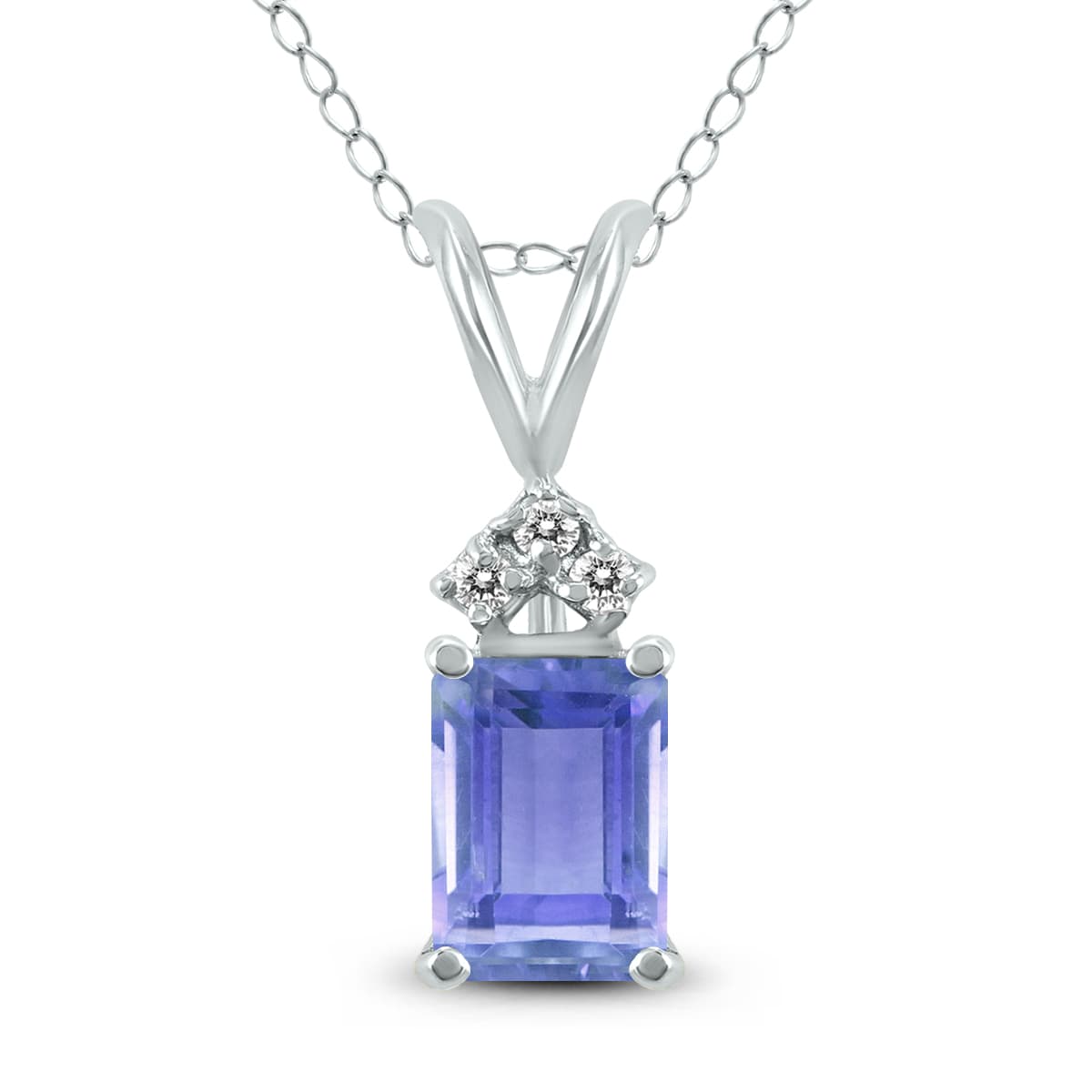 14K White Gold 6x4MM Emerald Shaped Tanzanite and Three Stone Diamond Pendant