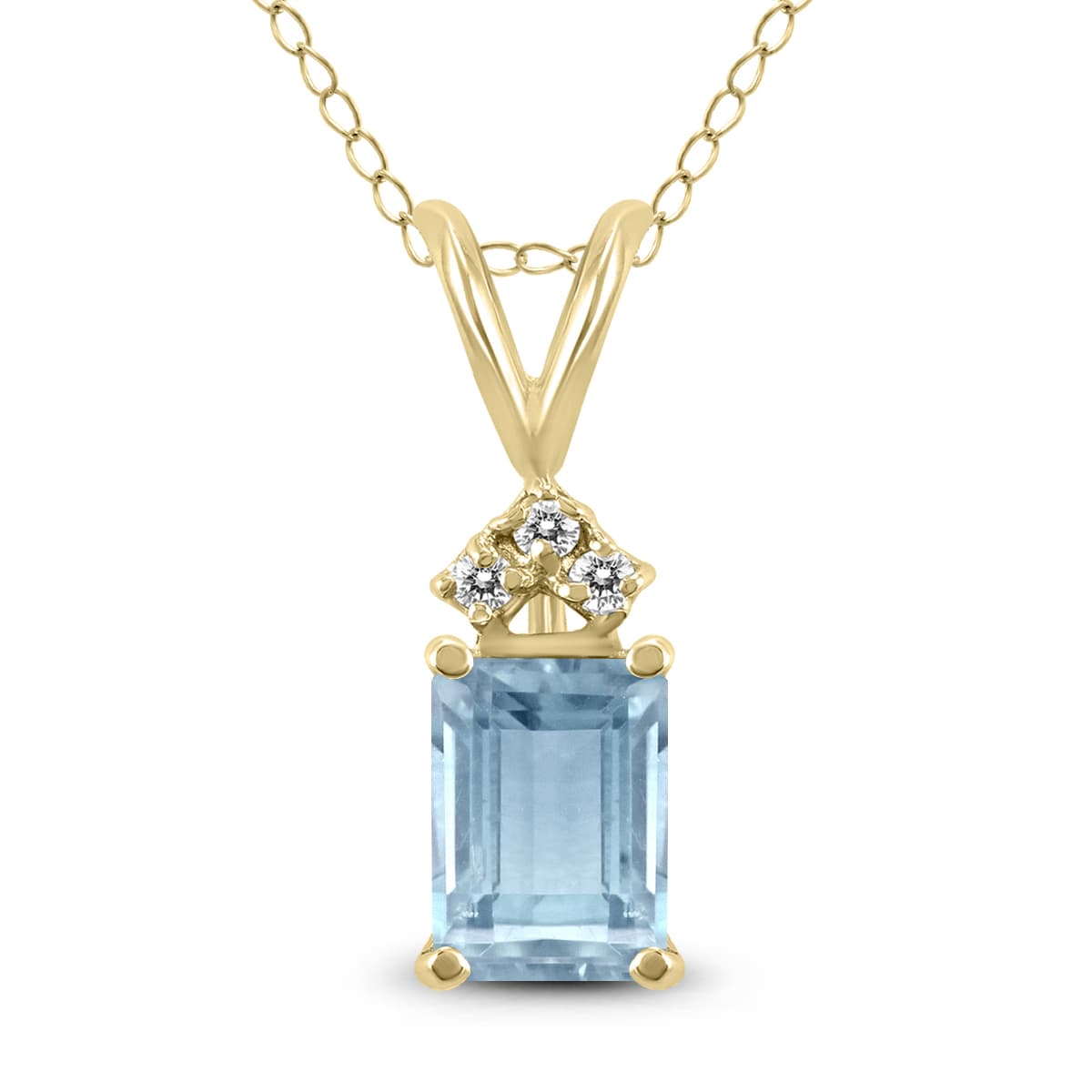 14K Yellow Gold 6x4MM Emerald Shaped Aquamarine and Three Stone Diamond Pendant