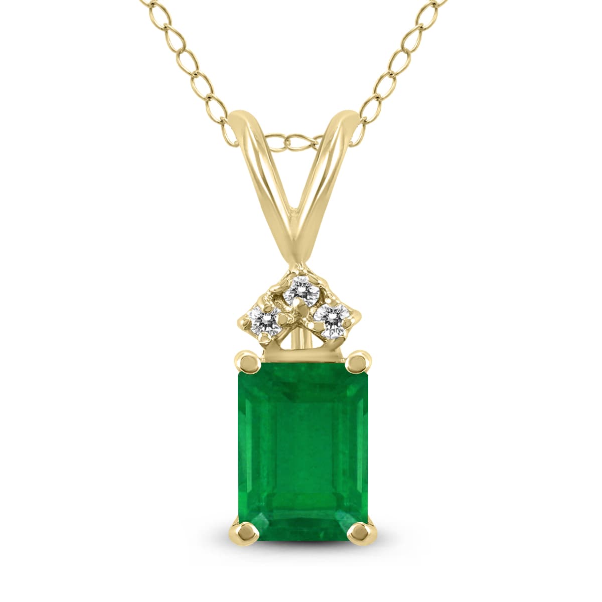14K Yellow Gold 6x4MM Emerald Shaped Emerald and Three Stone Diamond Pendant