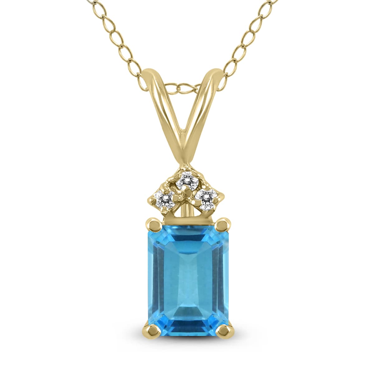14K Yellow Gold 7x5MM Emerald Shaped Blue Topaz and Three Stone Diamond Pendant