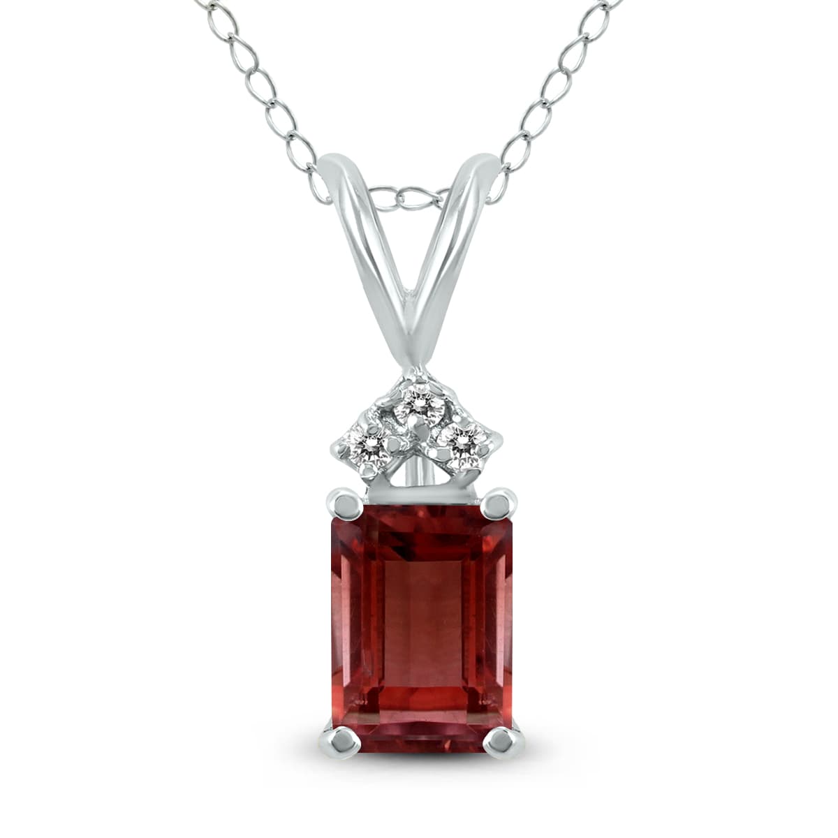 14K White Gold 8x6MM Emerald Shaped Garnet and Three Stone Diamond Pendant