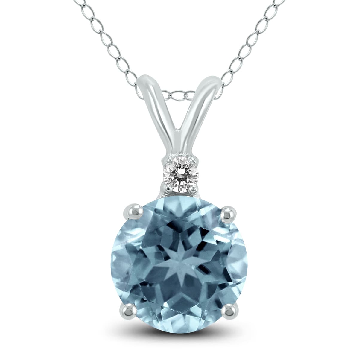 14K White Gold 5MM Round Aquamarine and Diamond Pendant