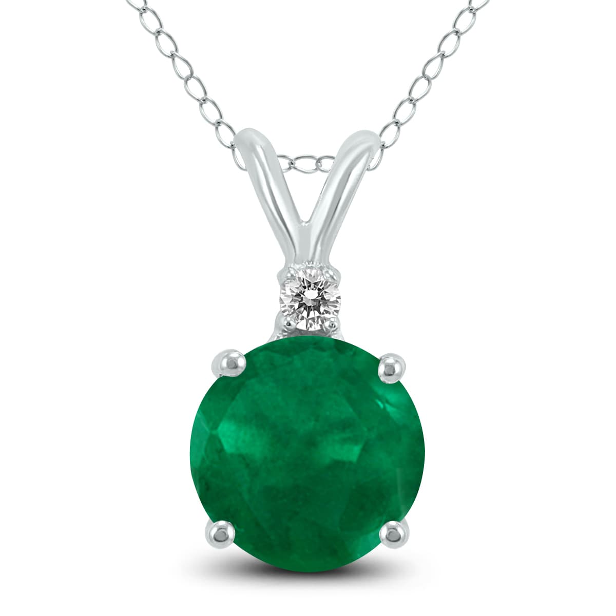 14K White Gold 5MM Round Emerald and Diamond Pendant