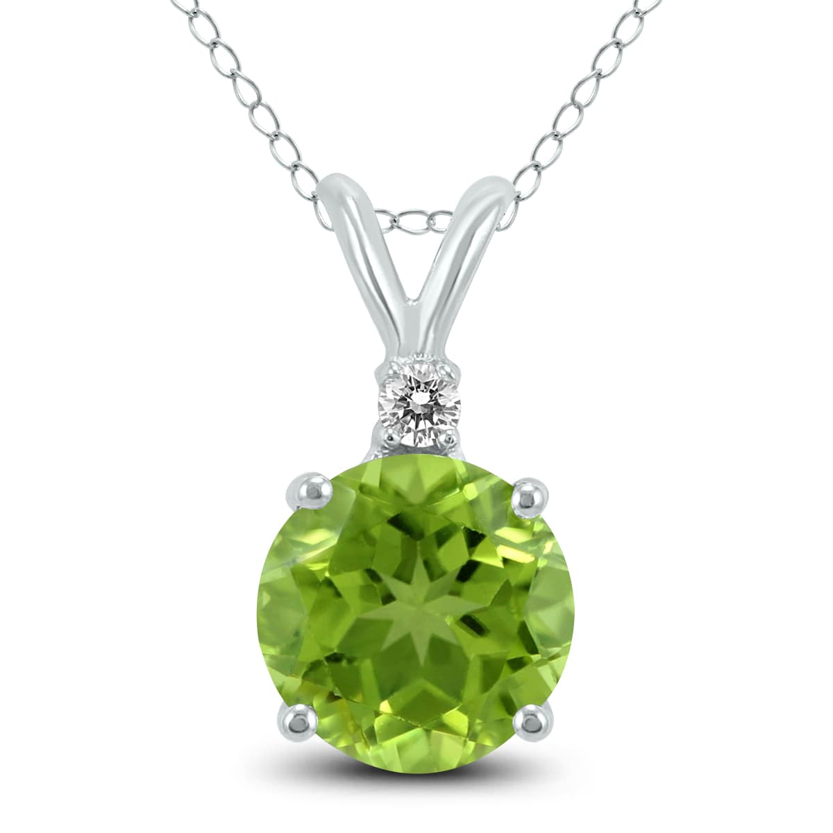14K White Gold 5MM Round Peridot and Diamond Pendant