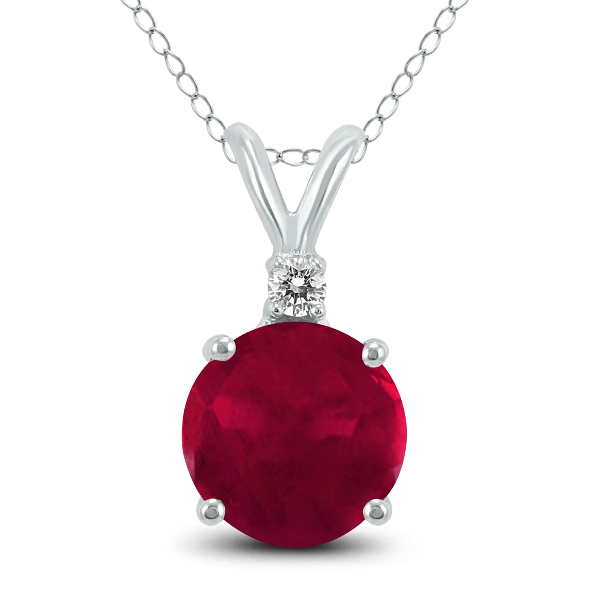 14K White Gold 5MM Round Ruby and Diamond Pendant