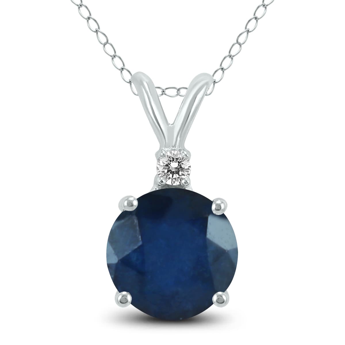 14K White Gold 5MM Round Sapphire and Diamond Pendant