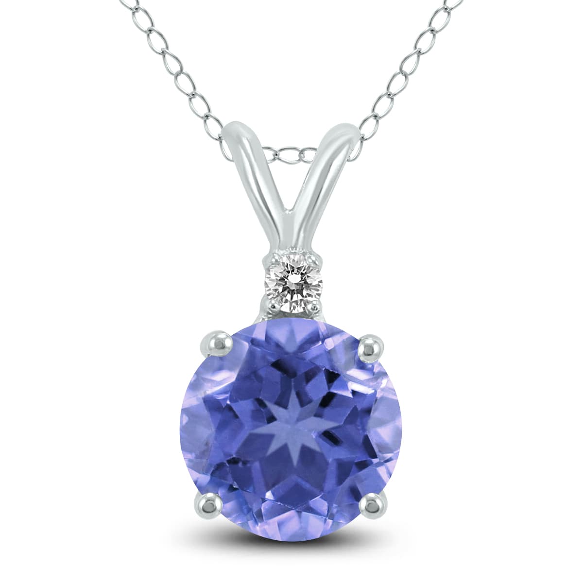 14K White Gold 5MM Round Tanzanite and Diamond Pendant