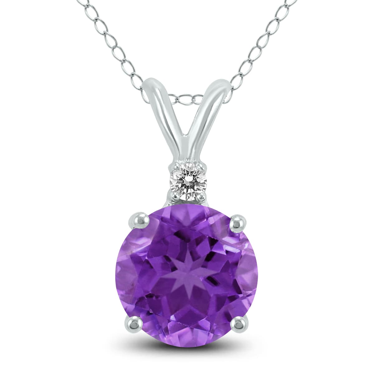 14K White Gold 6MM Round Amethyst and Diamond Pendant