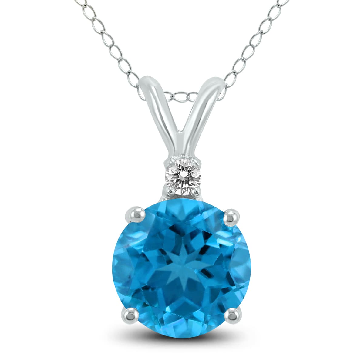 14K White Gold 7MM Round Blue Topaz and Diamond Pendant