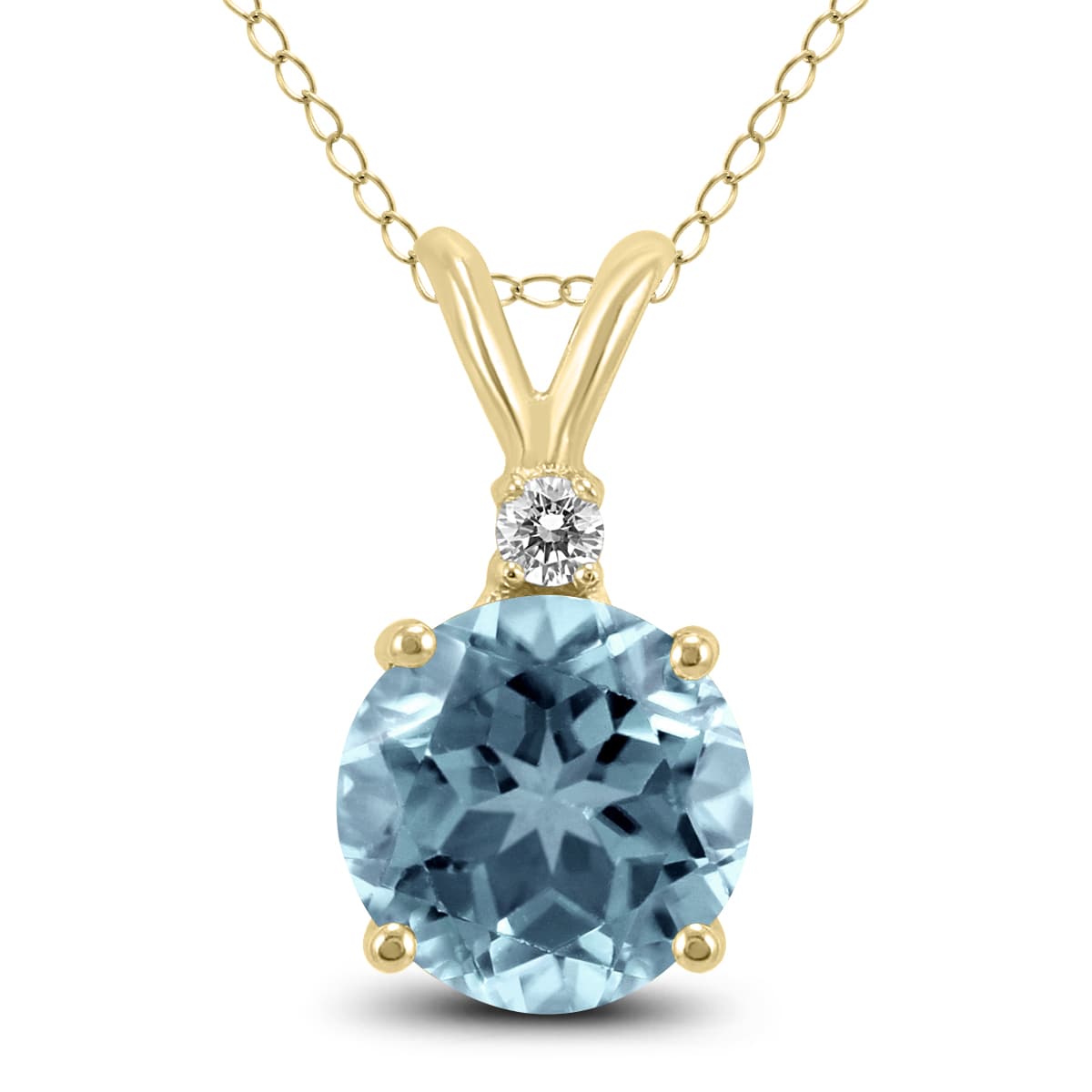 14K Yellow Gold 5MM Round Aquamarine and Diamond Pendant