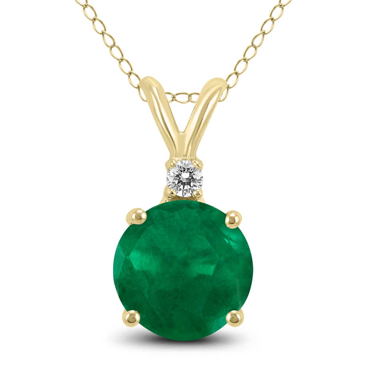 14K Yellow Gold 5MM Round Emerald and Diamond Pendant