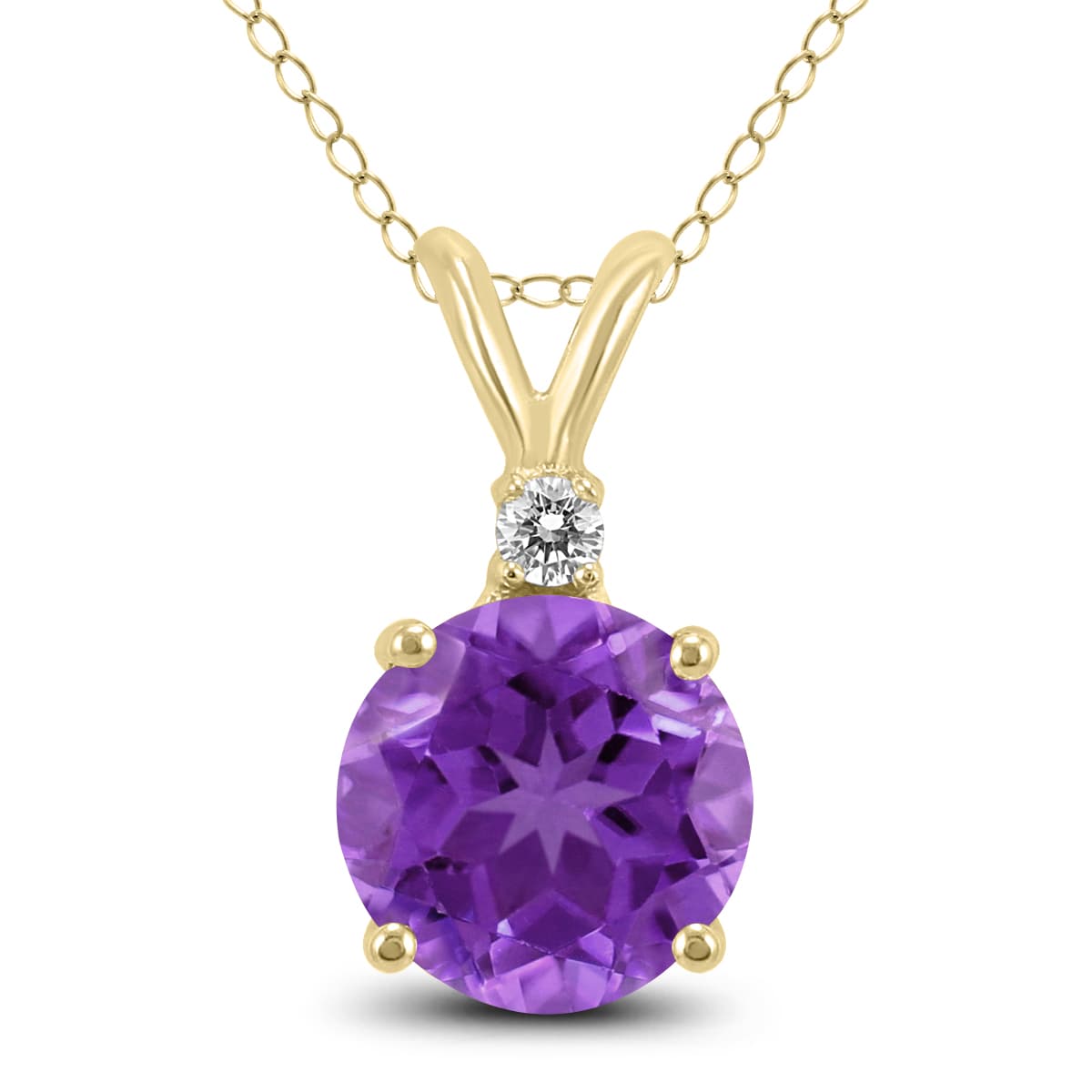 14K Yellow Gold 6MM Round Amethyst and Diamond Pendant