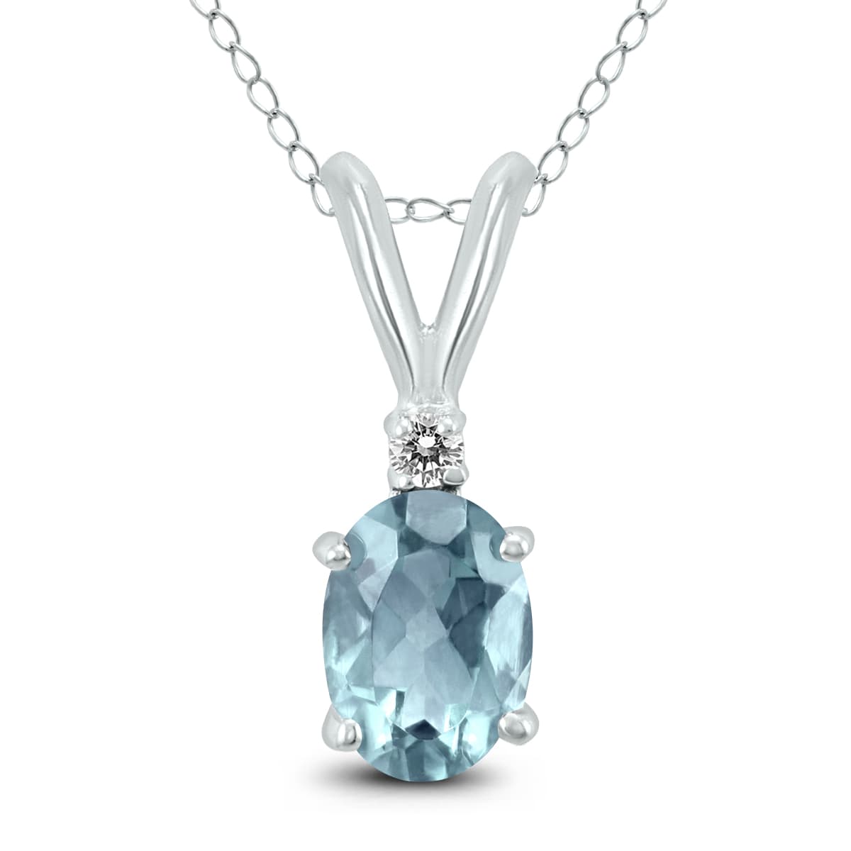 14K White Gold 6x4MM Oval Aquamarine and Diamond Pendant