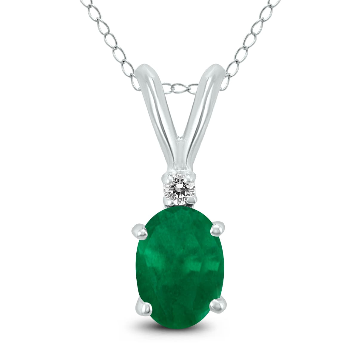 14K White Gold 6x4MM Oval Emerald and Diamond Pendant