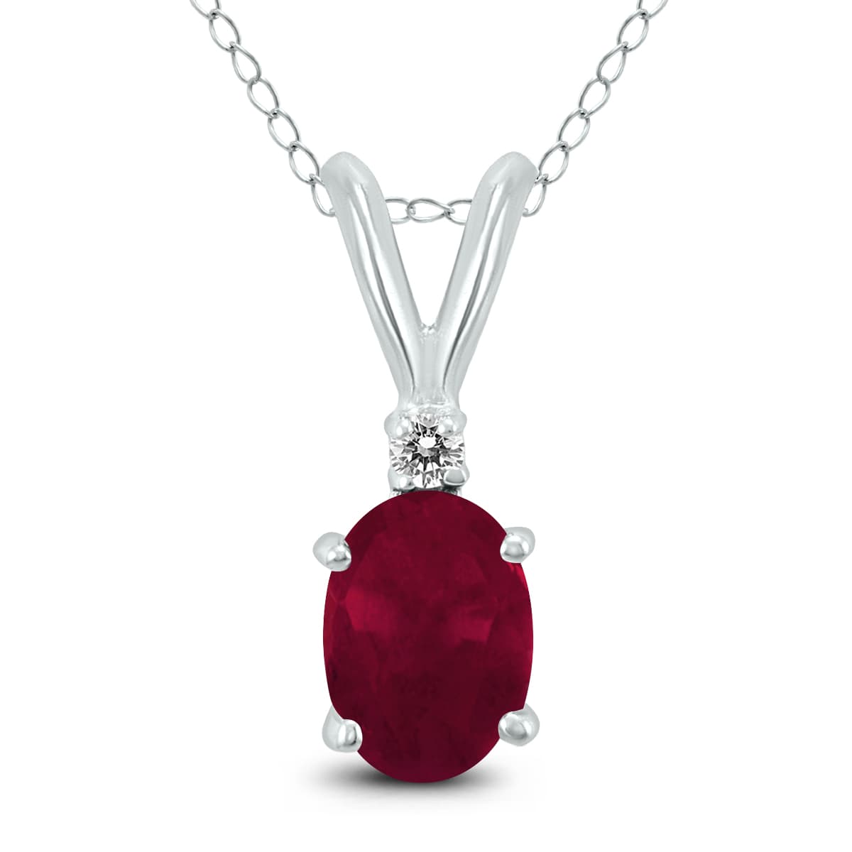 14K White Gold 6x4MM Oval Ruby and Diamond Pendant