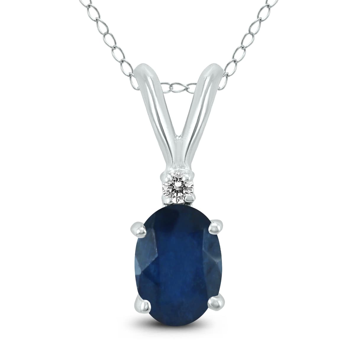 14K White Gold 6x4MM Oval Sapphire and Diamond Pendant