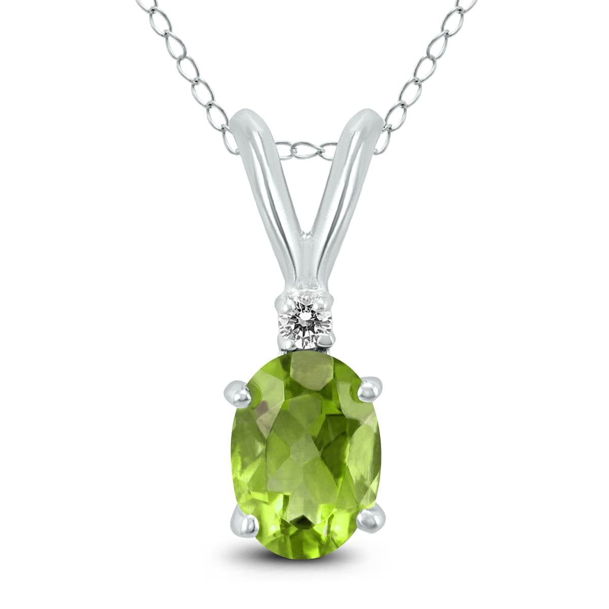 14K White Gold 7x5MM Oval Peridot and Diamond Pendant