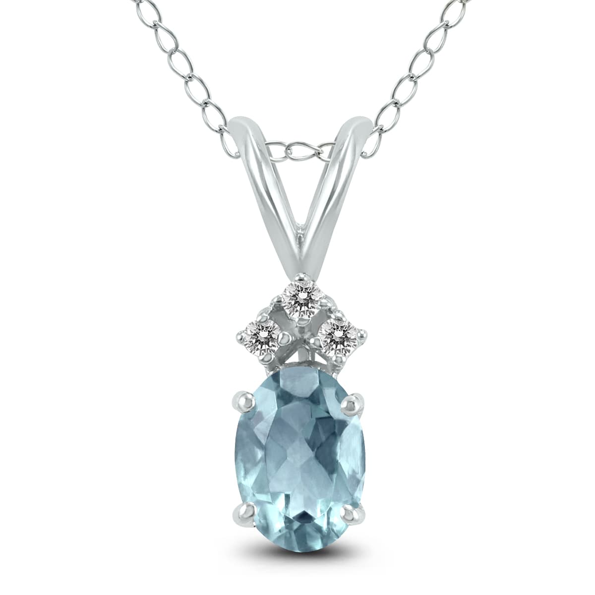 14K White Gold 5x3MM Oval Aquamarine and Three Stone Diamond Pendant