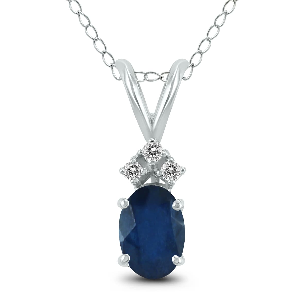 14K White Gold 5x3MM Oval Sapphire and Three Stone Diamond Pendant