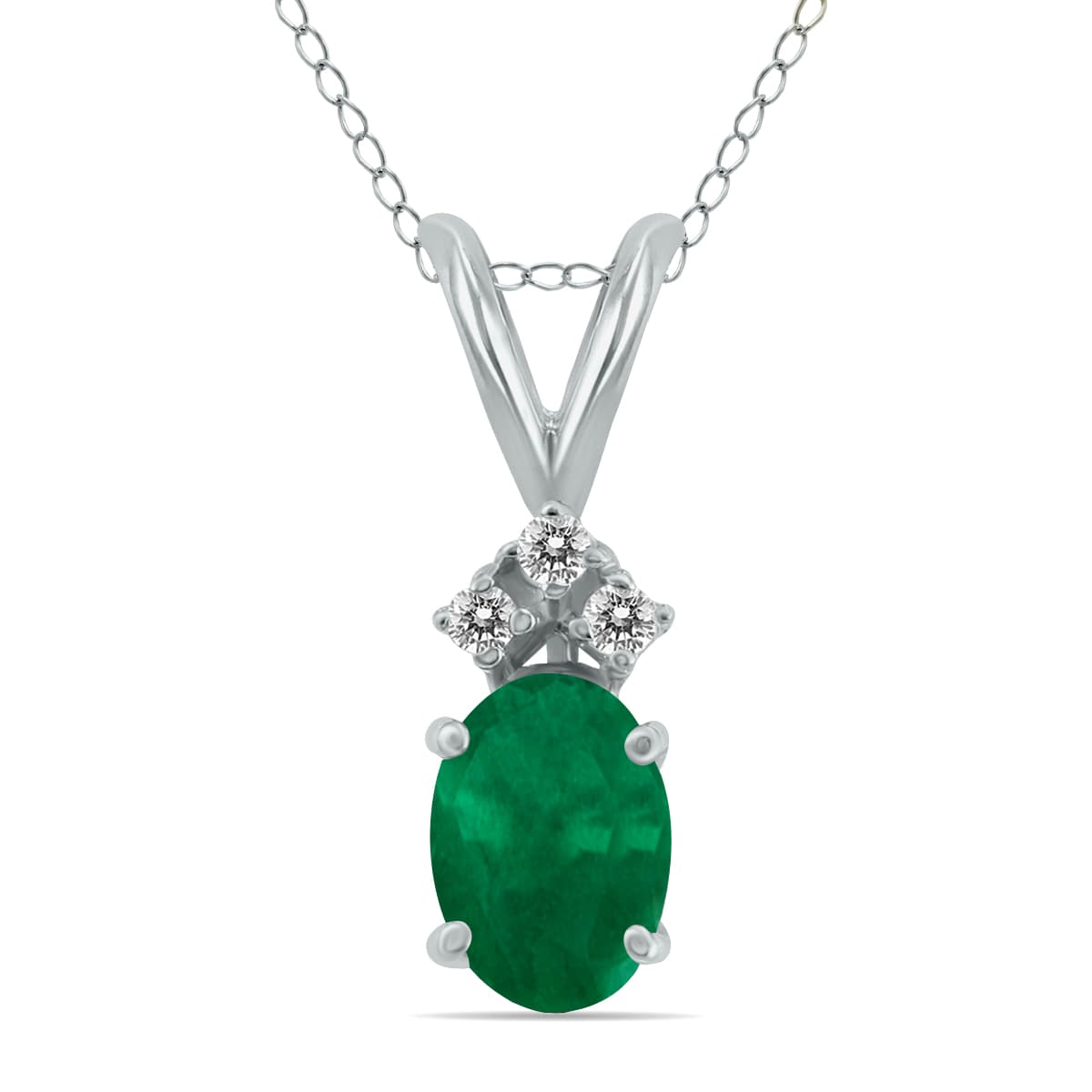 14K White Gold 6x4MM Oval Emerald and Three Stone Diamond Pendant