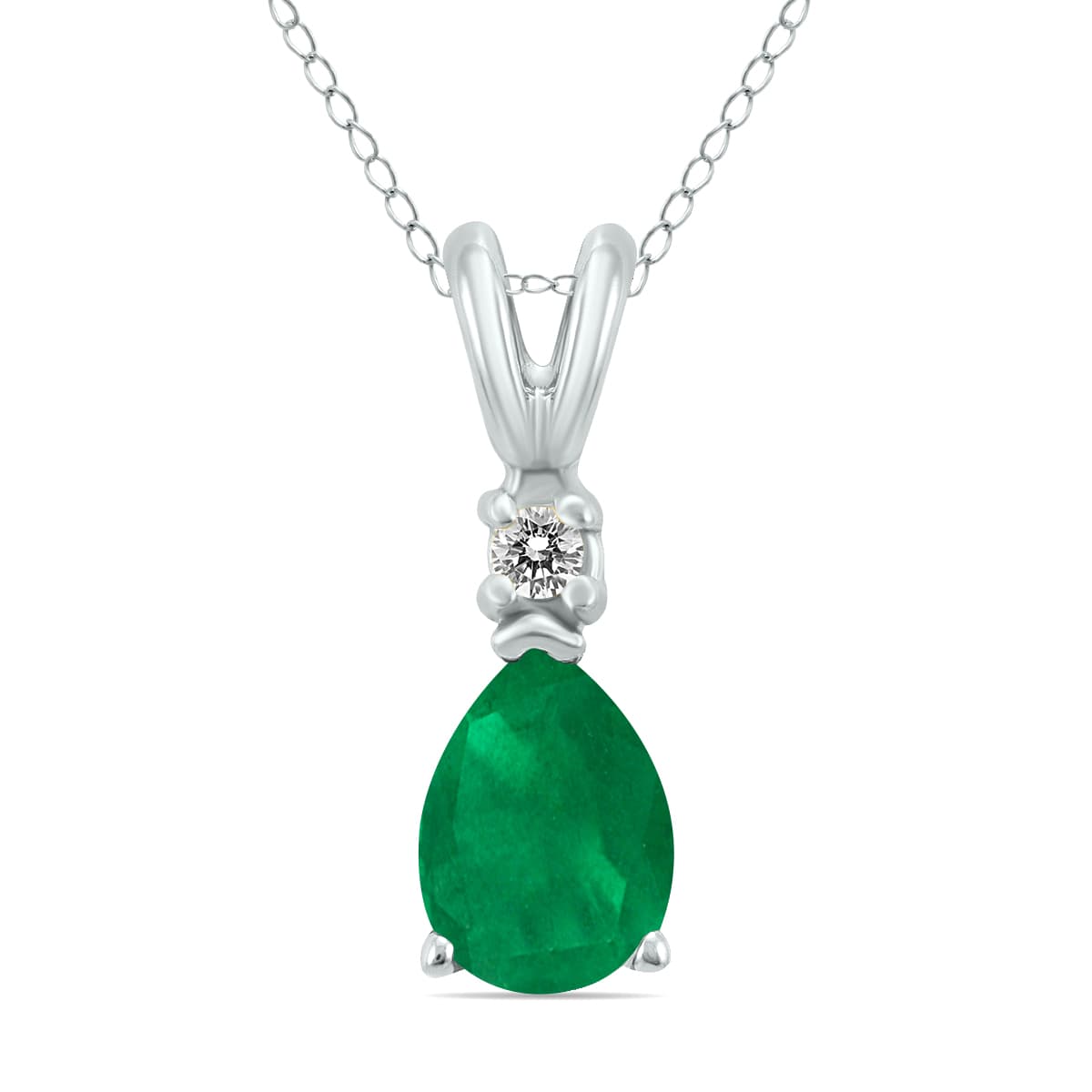 14K White Gold 5x3MM Pear Emerald and Diamond Pendant