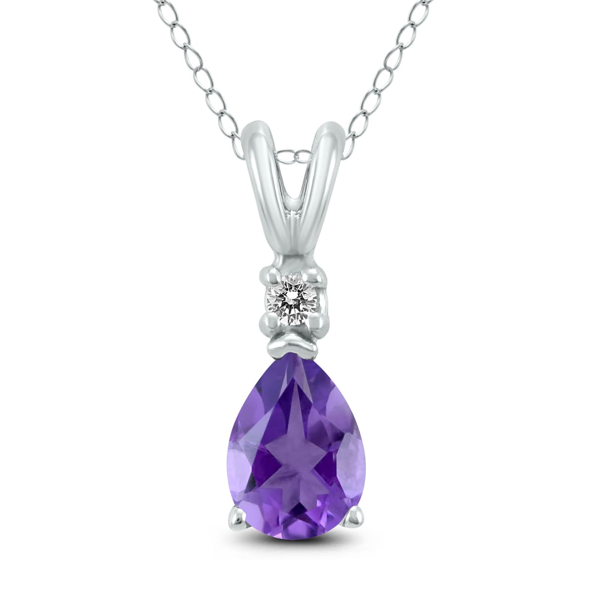 14K White Gold 8x6MM Pear Amethyst and Diamond Pendant
