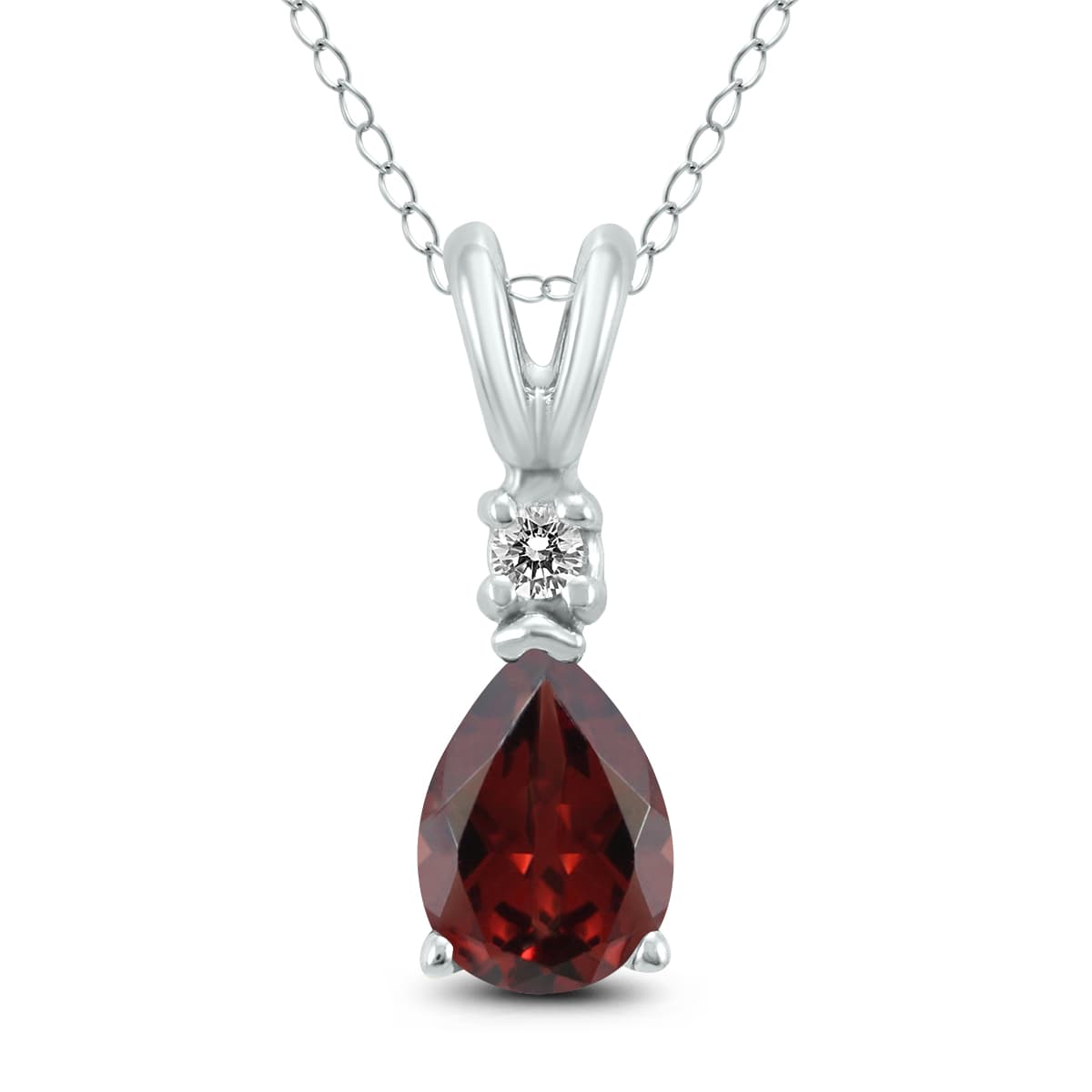 14K White Gold 8x6MM Pear Garnet and Diamond Pendant