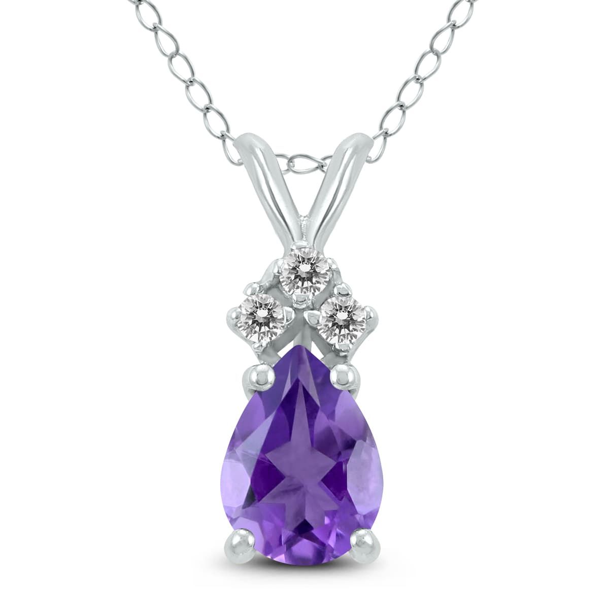 14K White Gold 6x4MM Pear Amethyst and Three Stone Diamond Pendant