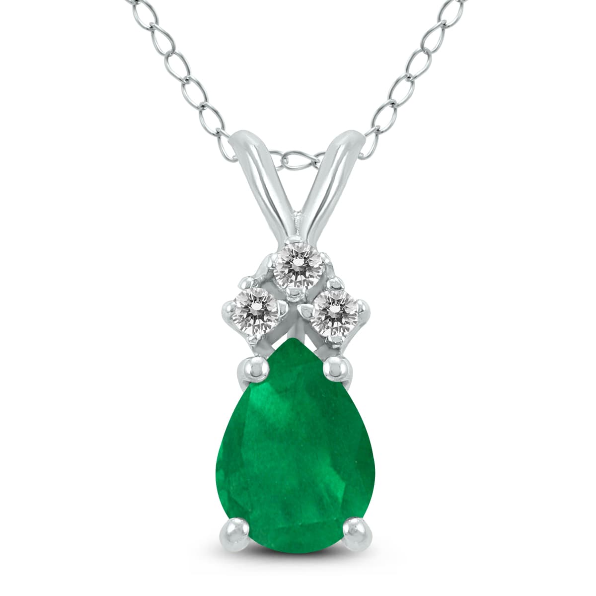 14K White Gold 6x4MM Pear Emerald and Three Stone Diamond Pendant