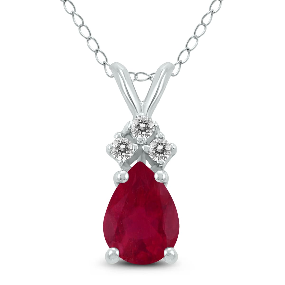 14K White Gold 6x4MM Pear Ruby and Three Stone Diamond Pendant