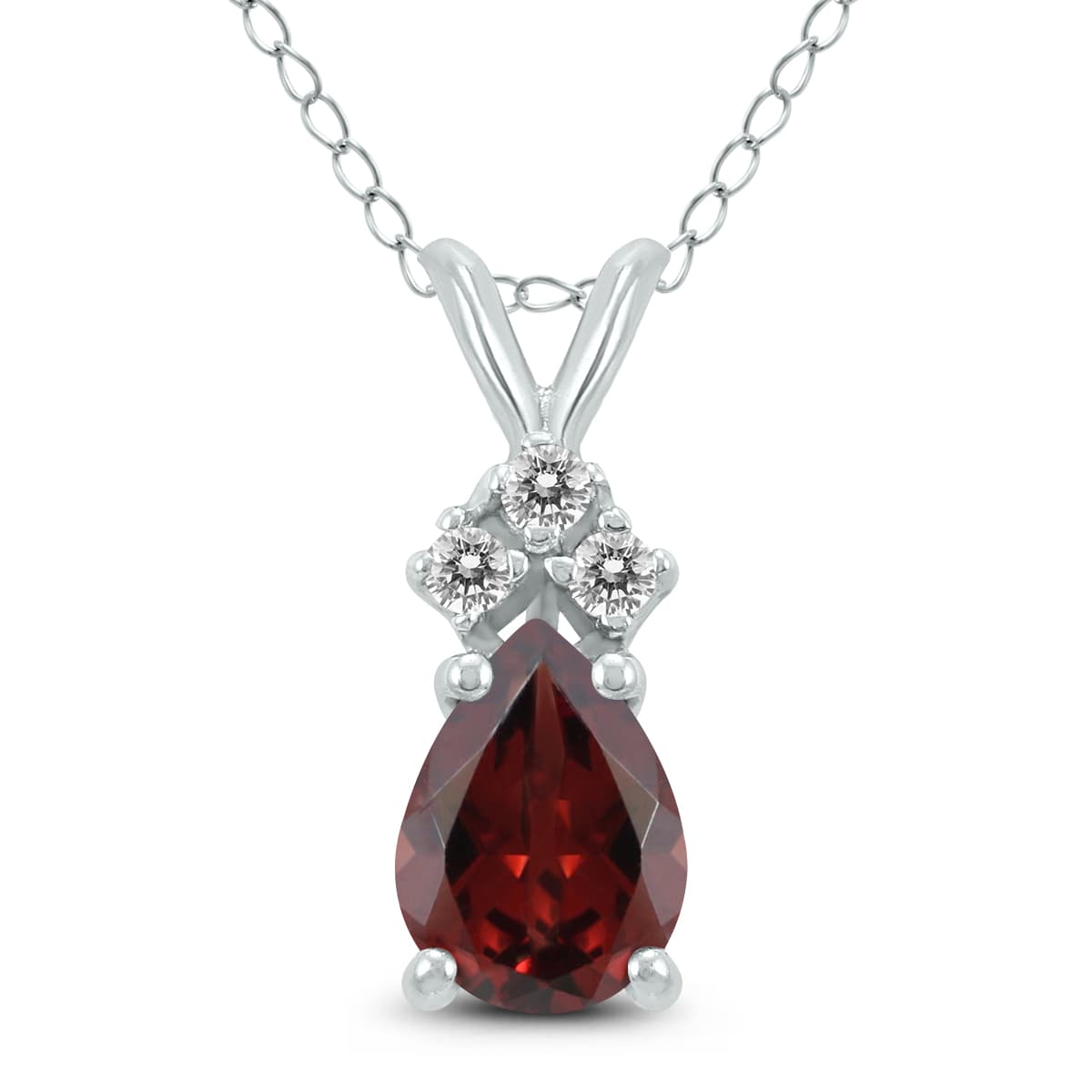 14K White Gold 7x5MM Pear Garnet and Three Stone Diamond Pendant