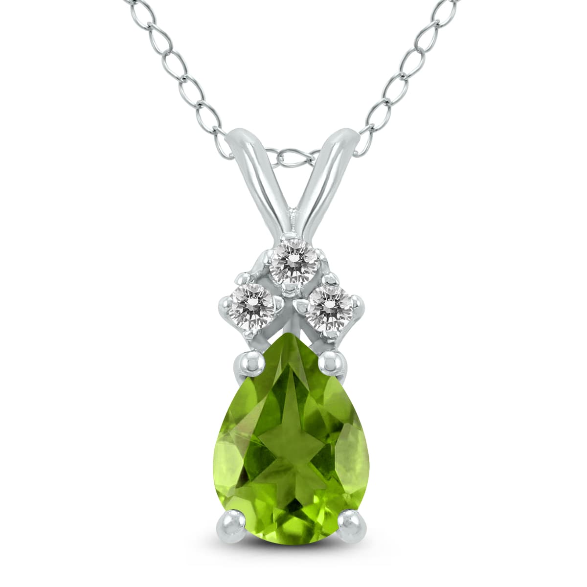 14K White Gold 8x6MM Pear Peridot and Three Stone Diamond Pendant