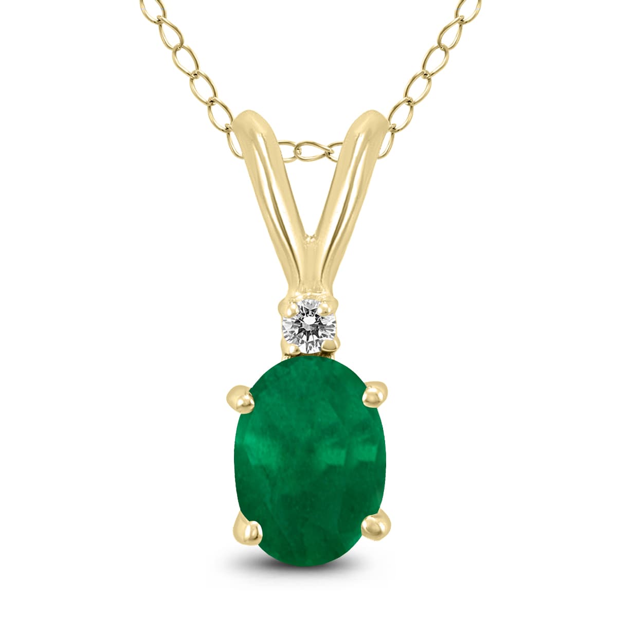 14K Yellow Gold 5x3MM Oval Emerald and Diamond Pendant