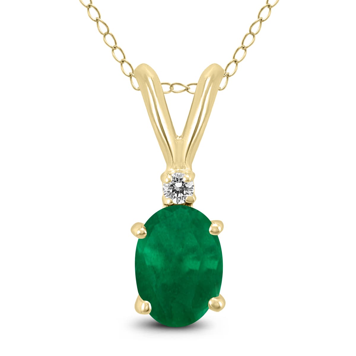 14K Yellow Gold 6x4MM Oval Emerald and Diamond Pendant