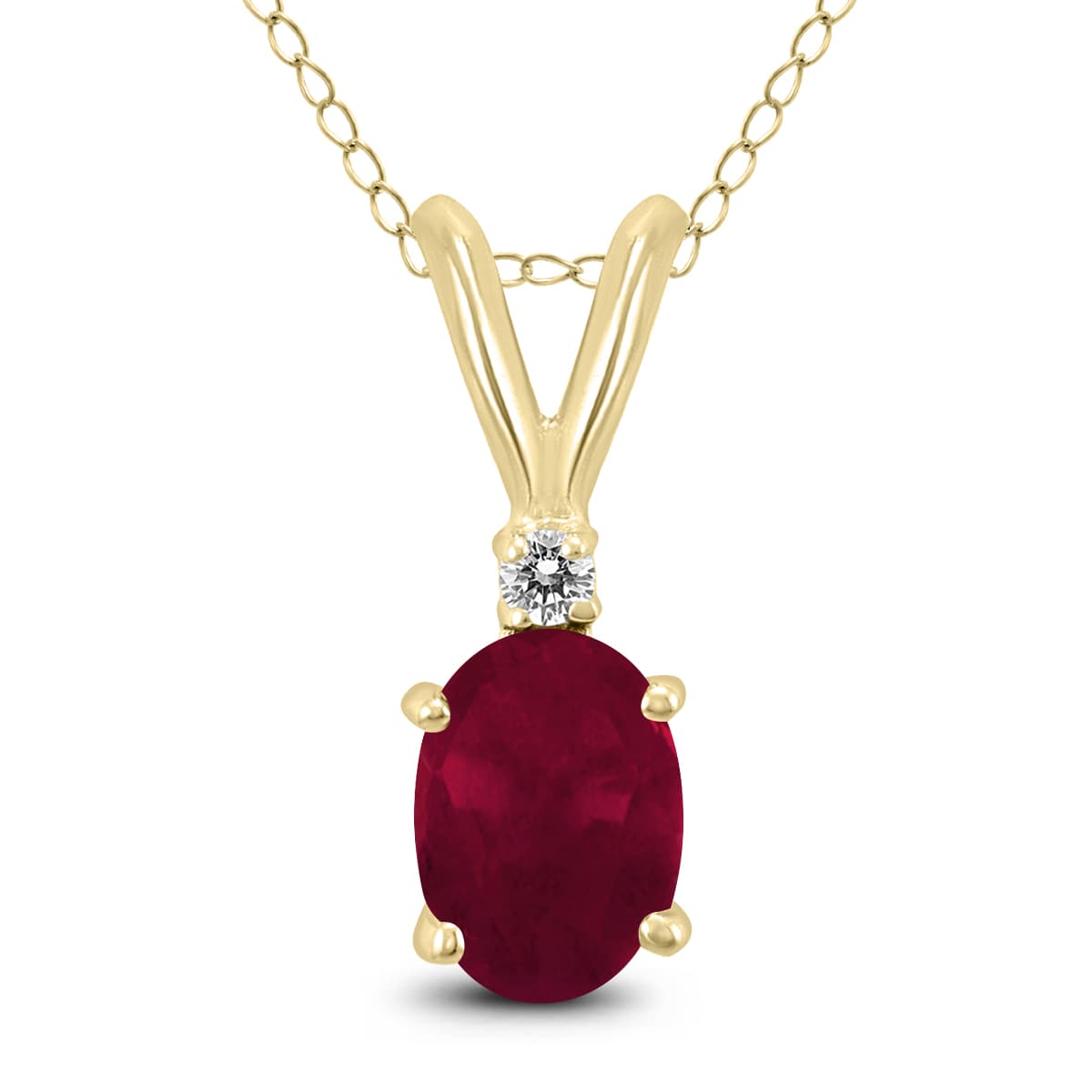 14K Yellow Gold 6x4MM Genuine Oval Ruby and Diamond Pendant