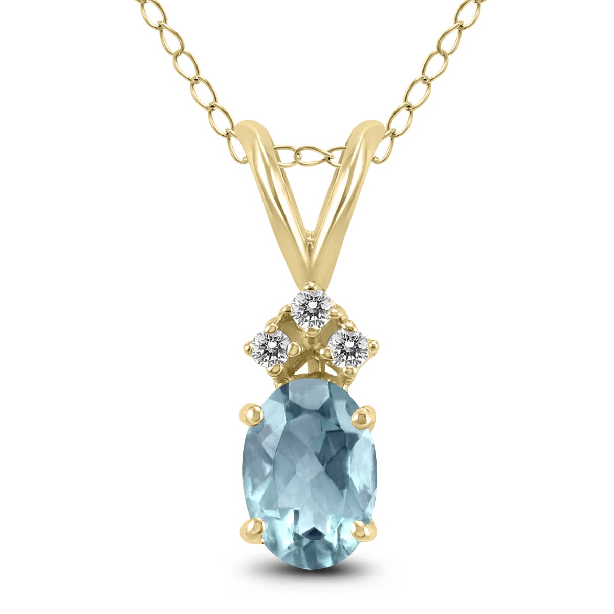 14K Yellow Gold 5x3MM Oval Aquamarine and Three Stone Diamond Pendant