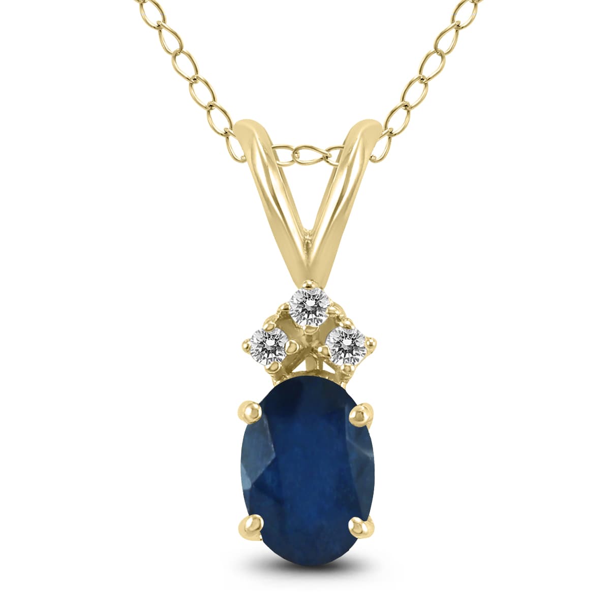 14K Yellow Gold 5x3MM Oval Sapphire and Three Stone Diamond Pendant