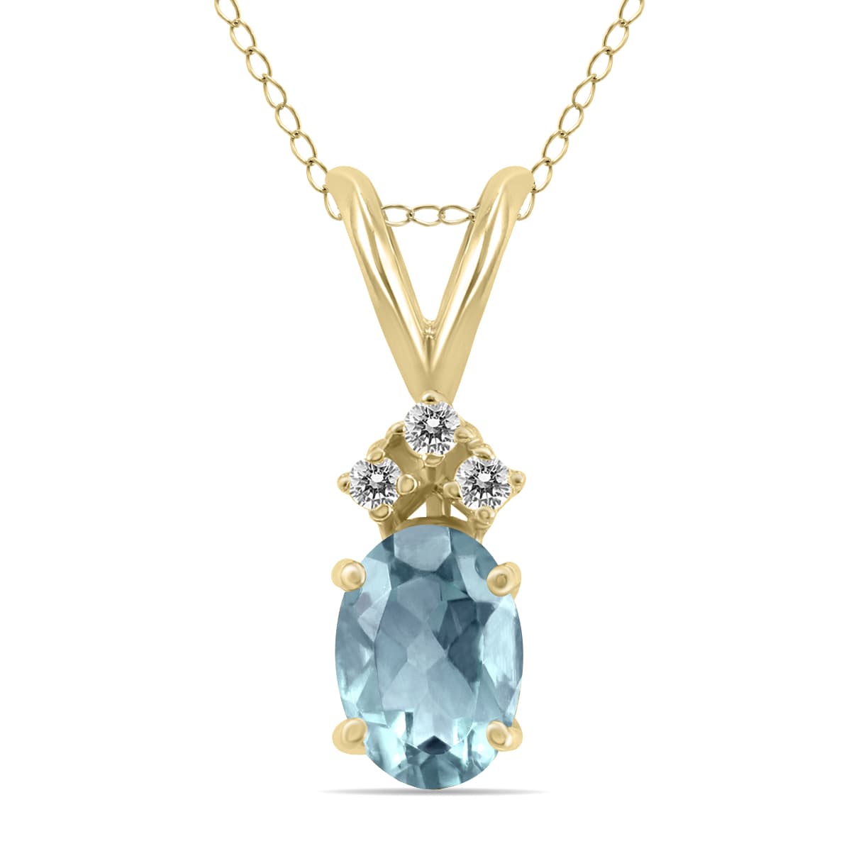 14K Yellow Gold 6x4MM Oval Aquamarine and Three Stone Diamond Pendant