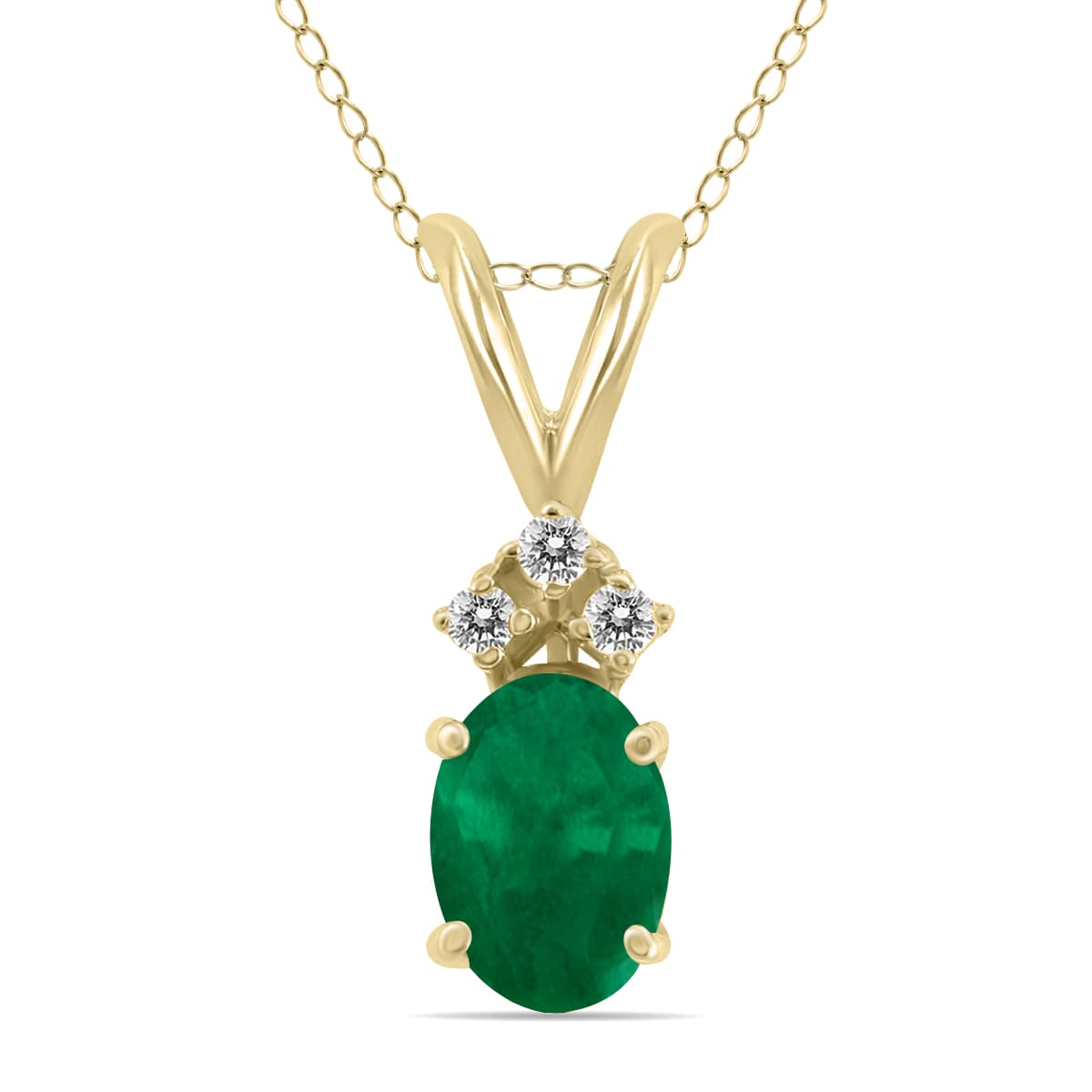 14K Yellow Gold 6x4MM Oval Emerald and Three Stone Diamond Pendant