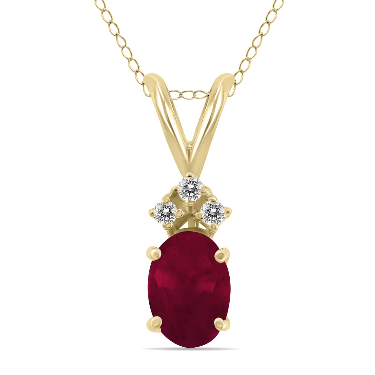 14K Yellow Gold 6x4MM Oval Ruby and Three Stone Diamond Pendant